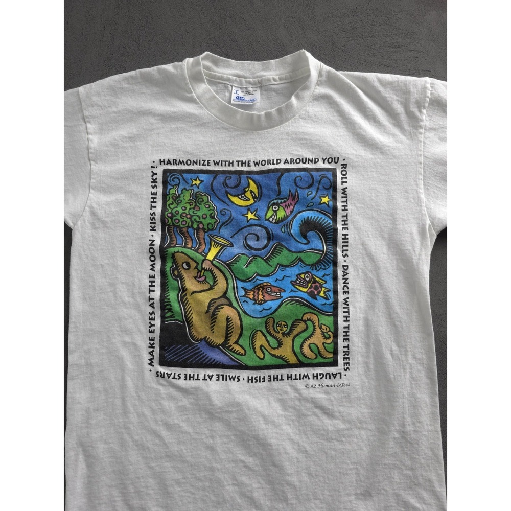 Vintage 1990s Harmonize With The World Around You Human-i-tees White T-shirt L - Picture 2 of 8